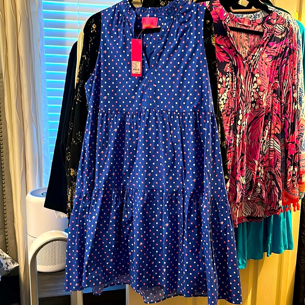 Lilly Pulitzer, pinky red, white and blue sleeveless midi dress- never been worn